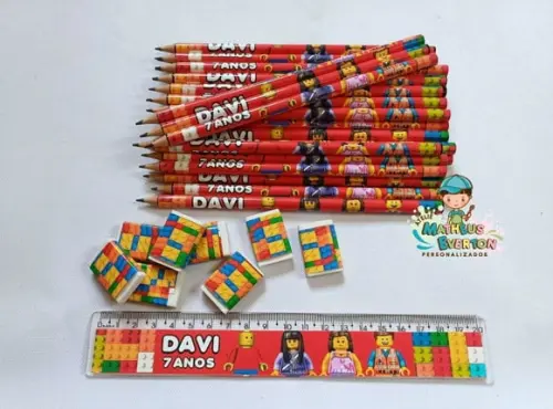 25 Kits Lápis, Régua e Borracha Personalizado Lego Atu