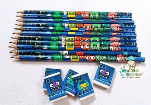 30 Kits Lápis e Borracha Personalizado Geometry Dash