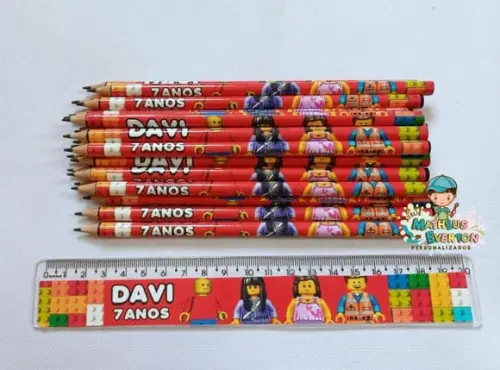 30 Kits Lápis e Régua Personalizado Lego Atu