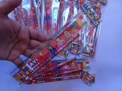 30 Kits Lápis, Régua e Borracha Lego