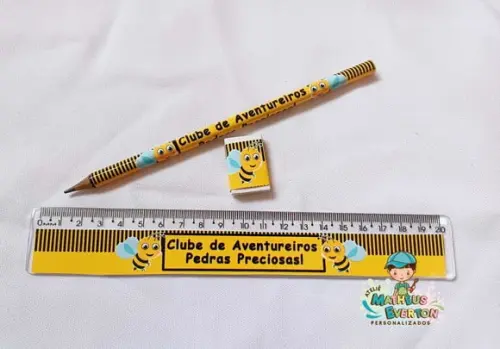 30 Lápis, 30 Réguas e 30 Borrachas Personalizado Abelinha