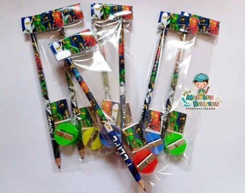 35 Kits Lápis, Borracha e Apontador Personalizado Ninjago