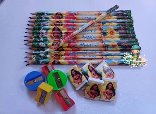 40 Kits Lápis, Borracha e Apontador Personalizado Moana