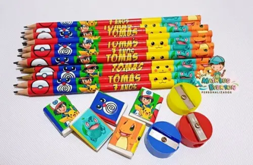 40 Kits Lápis, Borracha e Apontador Personalizado Pokémon