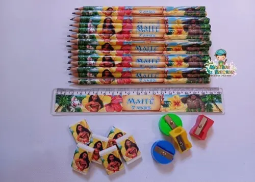 40 Kits Lápis, Borracha, Régua e Apontador Moana