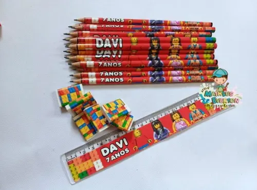 40 Kits Lápis, Régua e Borracha Personalizado Lego Atu