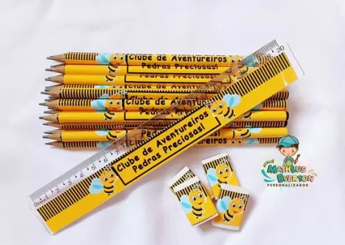 40 Lápis, 40 Réguas e 40 Borrachas Personalizado Abelinha