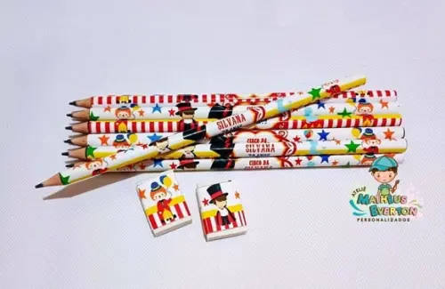 45 Kits Lápis e Borracha Personalizado Circo