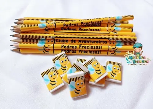 45 Kits Lápis e Borracha Personalizado Abelinha