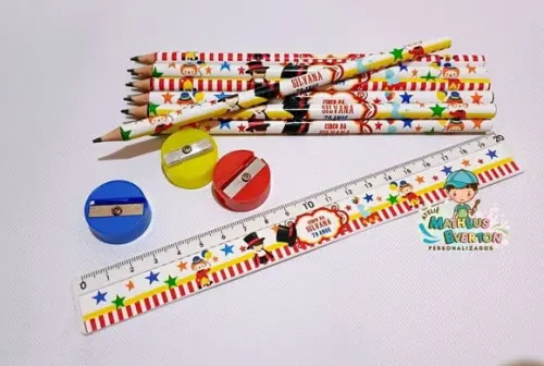 50 Kits Lápis, Régua e Apontador Personalizado Circo