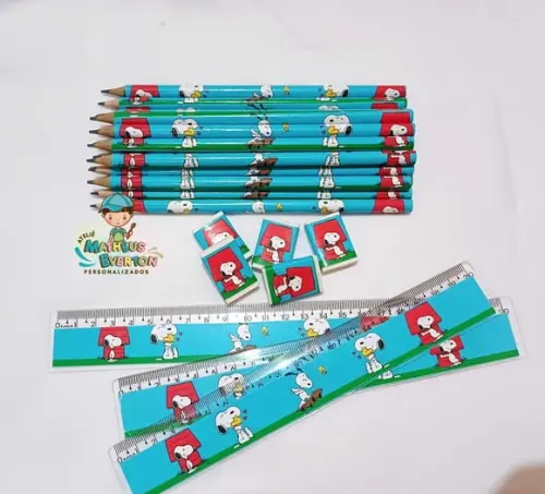 50 Kits Lápis, Régua e Borracha Personalizado Snoopy