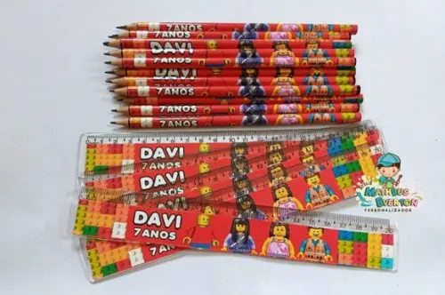 25 Kits Lápis e Régua Personalizado Lego Atu