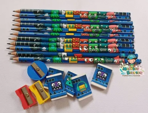 25 Kits Lápis, Borracha e Apontador Geometry Dash