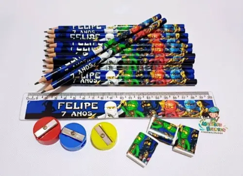 25 Kits Lápis, Borracha, Régua e Apontador Ninjago