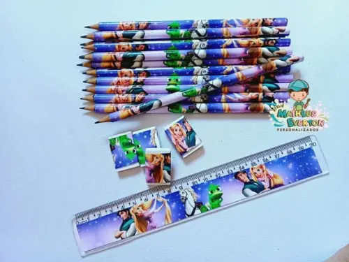 25 Kits Lápis, Régua e Borracha Personalizado Rapunzel