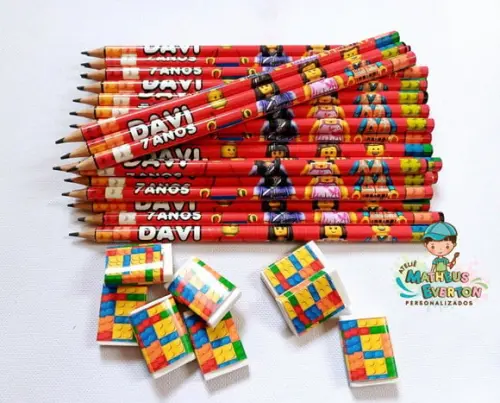 30 Kits Lápis e Borracha Personalizado Lego Atu