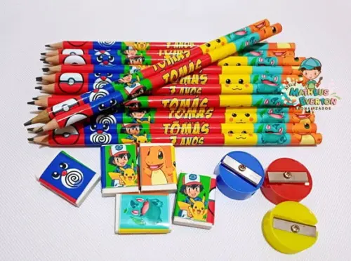 30 Kits Lápis, Borracha e Apontador Personalizado Pokémon
