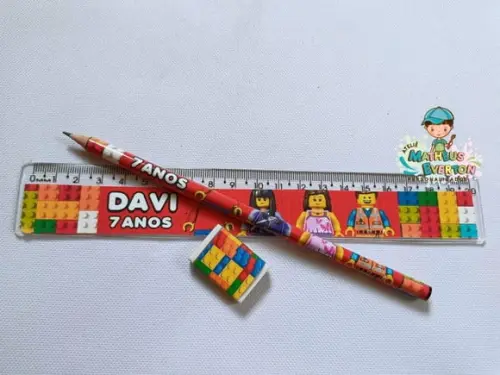 30 Kits Lápis, Régua e Borracha Personalizado Lego Atu