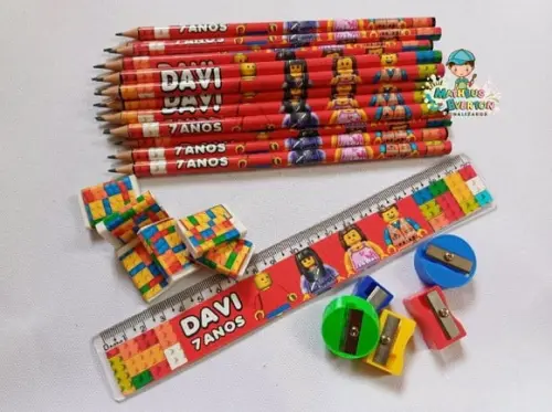 30 Kits Lápis, Régua, Borracha e Apontador Lego Atu