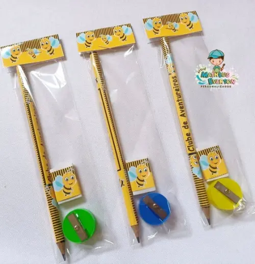 35 Kits Lápis, Borracha e Apontador Personalizado Abelinha