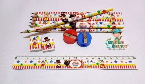 35 Kits Lápis, Borracha, Régua e Apontador Circo