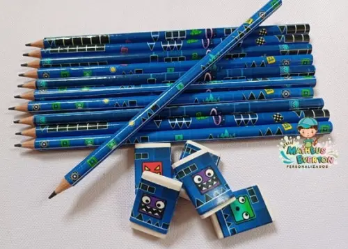 40 Kits Lápis e Borracha Personalizado Geometry Dash