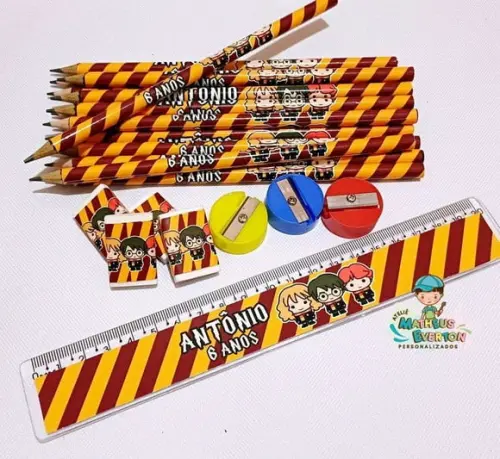 40 Kits Lápis, Borracha, Régua e Apontador Harry Potter