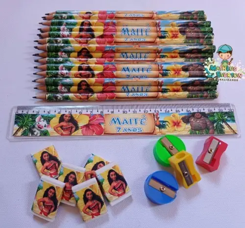 40 Kits Lápis, Borracha, Régua e Apontador Moana
