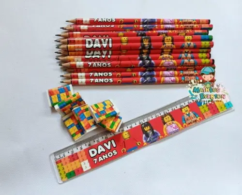 40 Kits Lápis, Régua e Borracha Personalizado Lego Atu