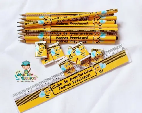 45 Lápis, 45 Réguas e 45 Borrachas Personalizado Abelinha