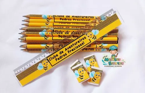45 Lápis, 45 Réguas e 45 Borrachas Personalizado Abelinha