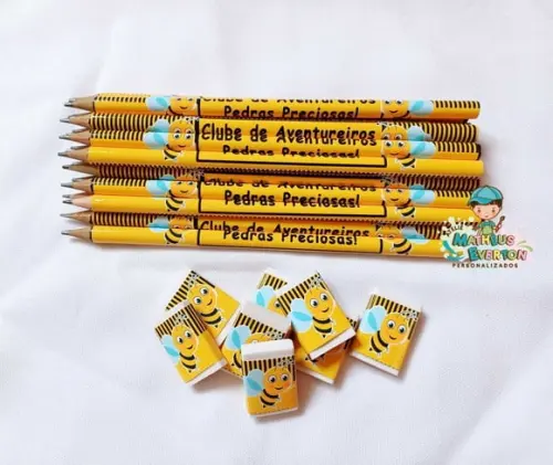 50 Kits Lápis e Borracha Personalizado Abelinha