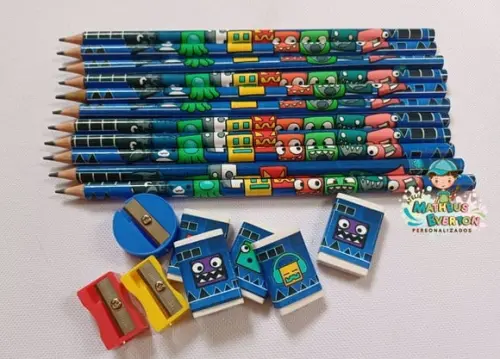 50 Kits Lápis, Borracha e Apontador Geometry Dash 8