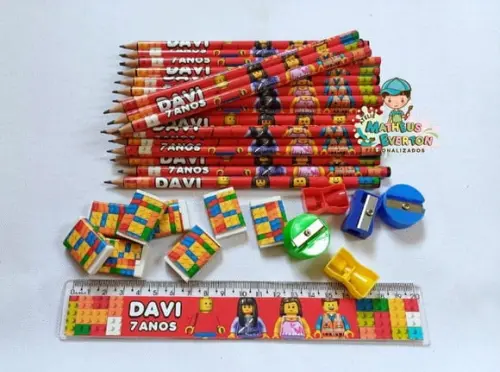 50 Kits Lápis, Régua, Borracha e Apontador Lego Atu