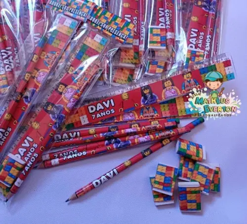 60 Kits Lápis, Régua e Borracha Lego