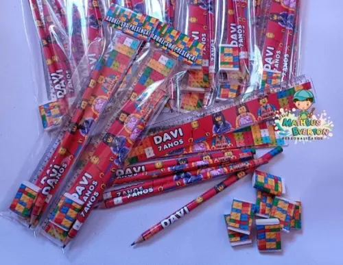 60 Kits Lápis, Régua e Borracha Lego