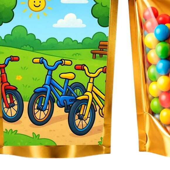 Saco Festa Metalizado Dourado 13x20 Bicicletas Coloridas