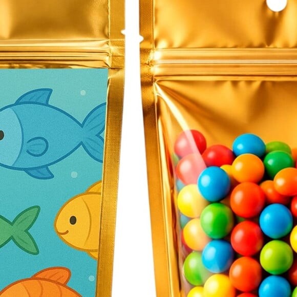 Saco Festa Metalizado Dourado 13x20 Peixinhos Coloridos