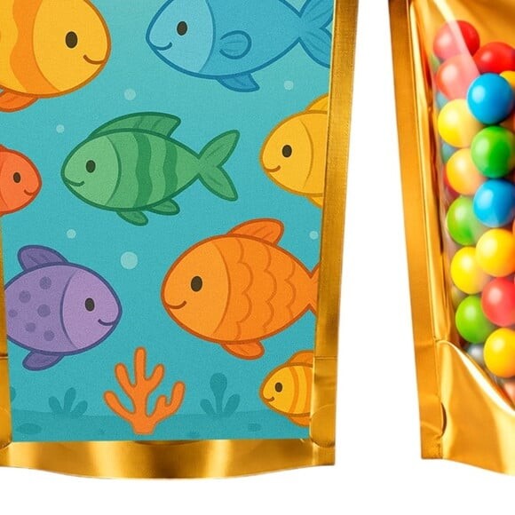 Saco Festa Metalizado Dourado 13x20 Peixinhos Coloridos