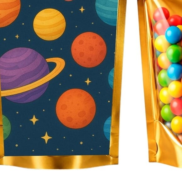 Saco Festa Metalizado Dourado 13x20 Planetas Coloridos