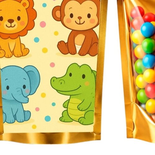 Saco Festa Metalizado Dourado 13x20 Animais Coloridos