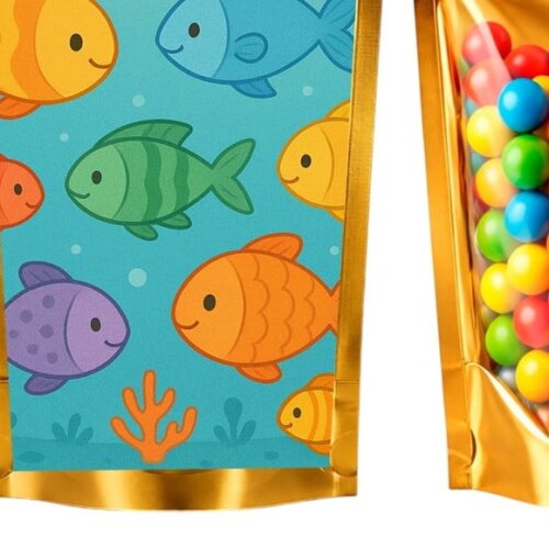 Saco Festa Metalizado Dourado 13x20 Peixinhos Coloridos