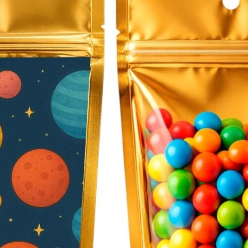 Saco Festa Metalizado Dourado 13x20 Planetas Coloridos