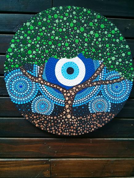 Mandala Árvore da Vida com Olho Grego 50 cm em Pontilhismo