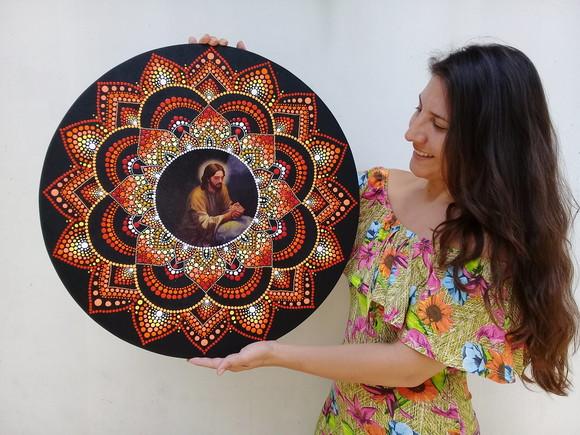 Mandala Cristo 60 cm pintada a mão