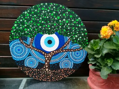 Mandala Árvore da Vida com Olho Grego 50 cm em Pontilhismo
