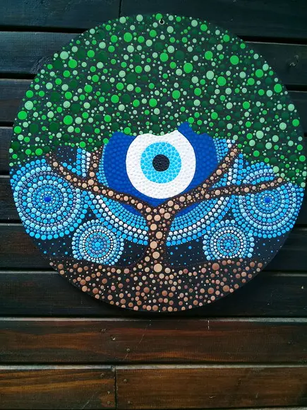 Mandala Árvore da Vida com Olho Grego 50 cm em Pontilhismo