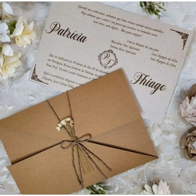 Convite de casamento rustico com envelope