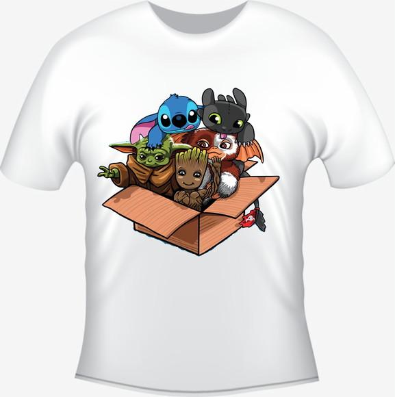 Camiseta Cuties Baby Yoda Groot Stitch Banguela Mogwais
