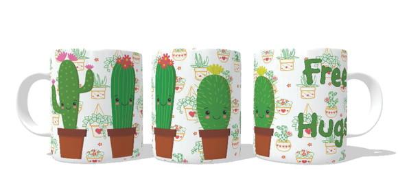 Caneca Free Hugs Cactos Kawaii